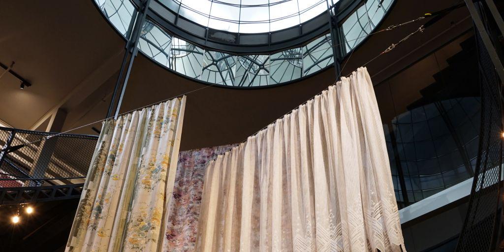 Public Intimacy Exhibition - Curtains installed in Atrium of Museum of Jewish Montreal